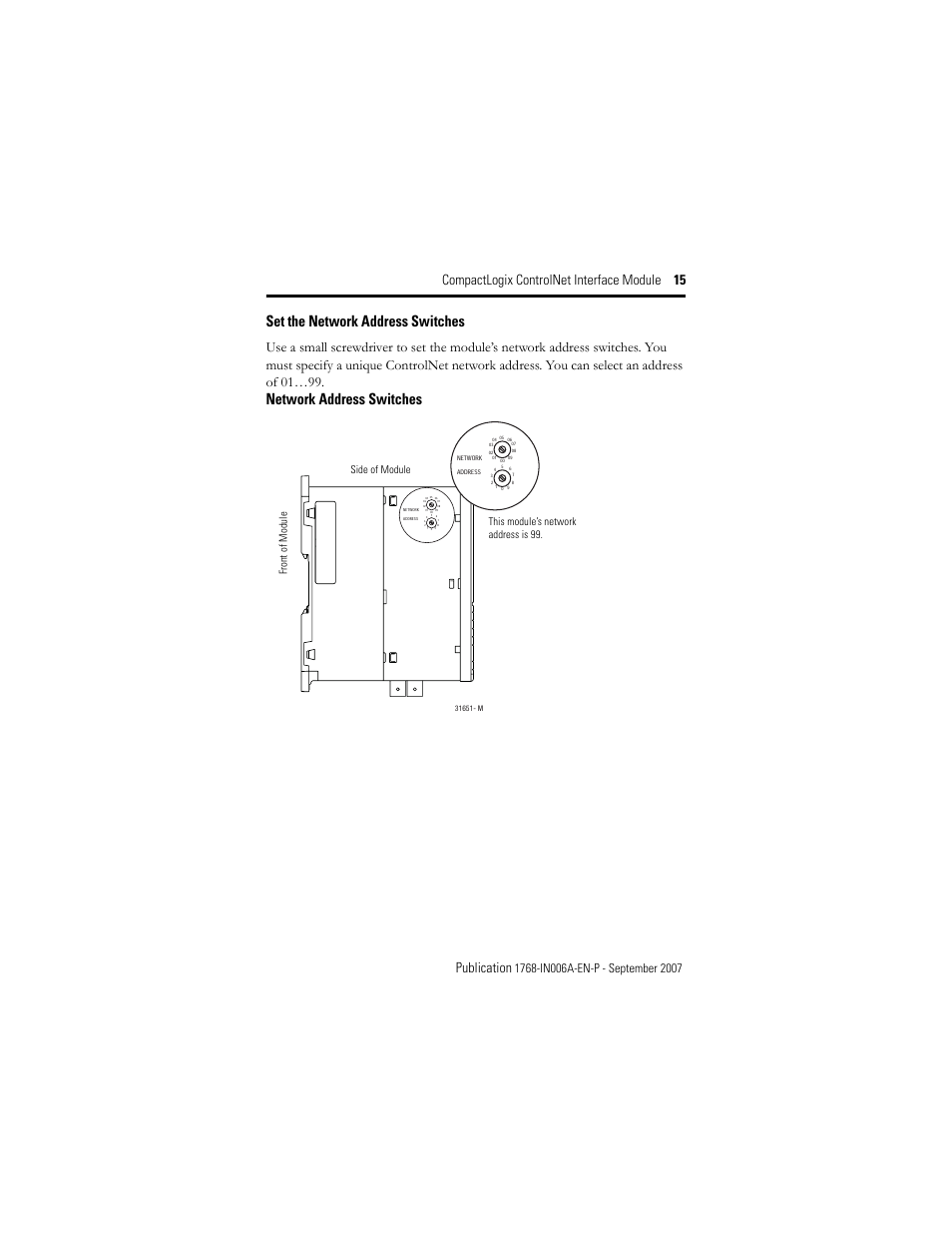 Set the network address switches, Network address switches | Rockwell Automation 1768-CNBR CompactLogix ControlNet Communication Module Installation Instructions User Manual | Page 15 / 36