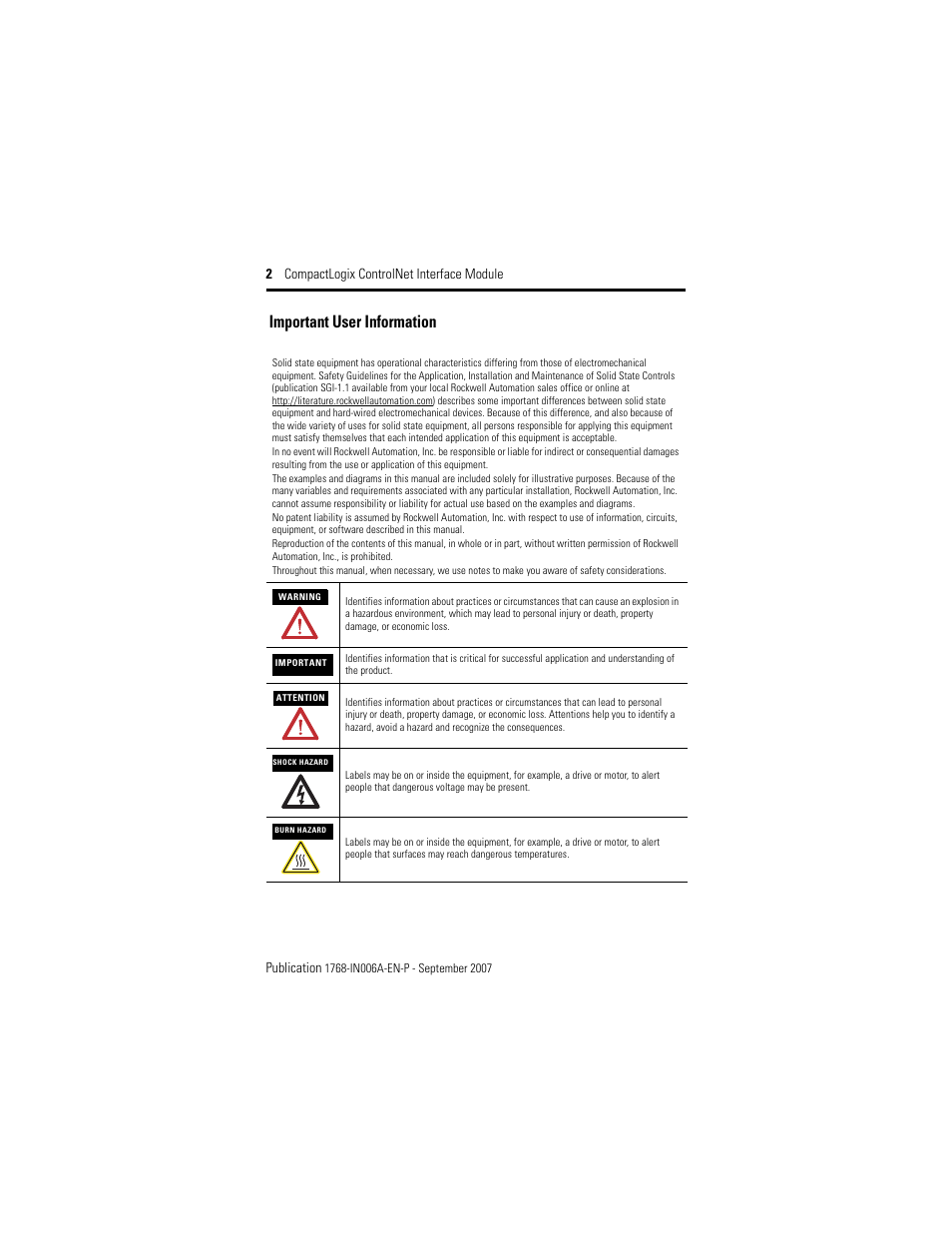 Important user information | Rockwell Automation 1768-CNBR CompactLogix ControlNet Communication Module Installation Instructions User Manual | Page 2 / 36