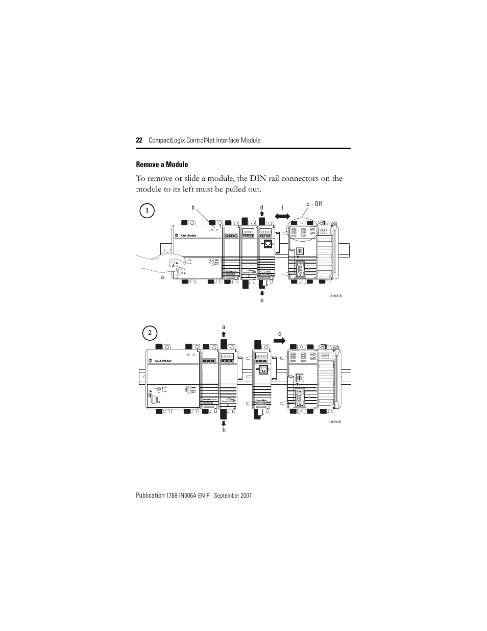 Remove a module, Ac b | Rockwell Automation 1768-CNBR CompactLogix ControlNet Communication Module Installation Instructions User Manual | Page 22 / 36