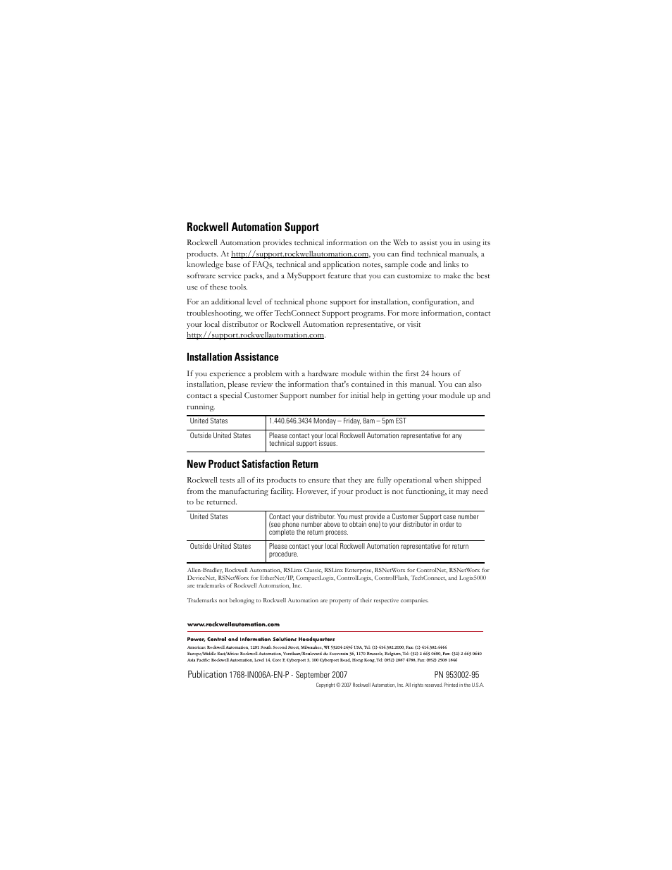 Back cover, Rockwell automation support, Installation assistance | New product satisfaction return | Rockwell Automation 1768-CNBR CompactLogix ControlNet Communication Module Installation Instructions User Manual | Page 36 / 36