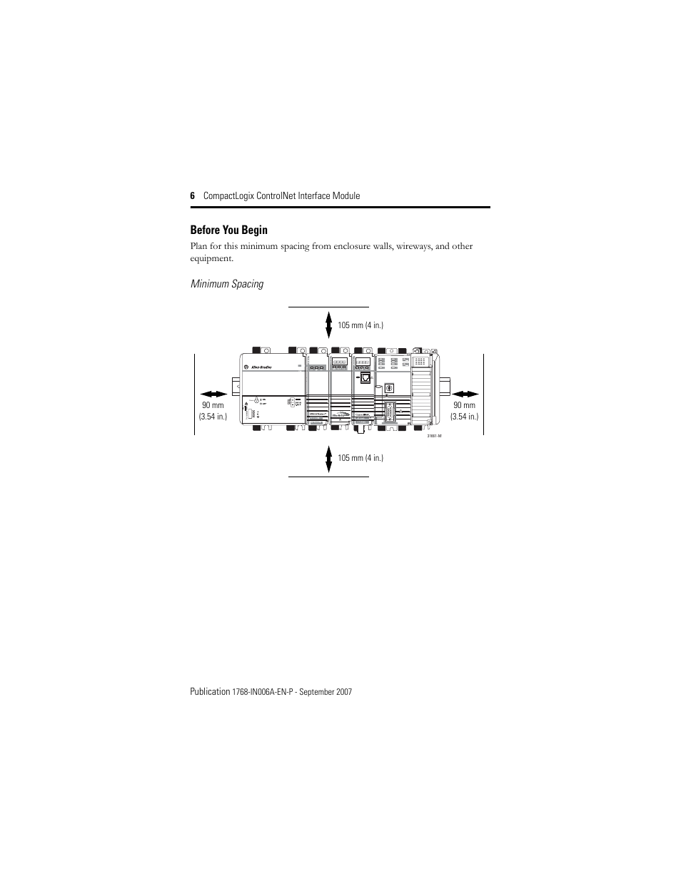 Before you begin, Minimum spacing | Rockwell Automation 1768-CNBR CompactLogix ControlNet Communication Module Installation Instructions User Manual | Page 6 / 36