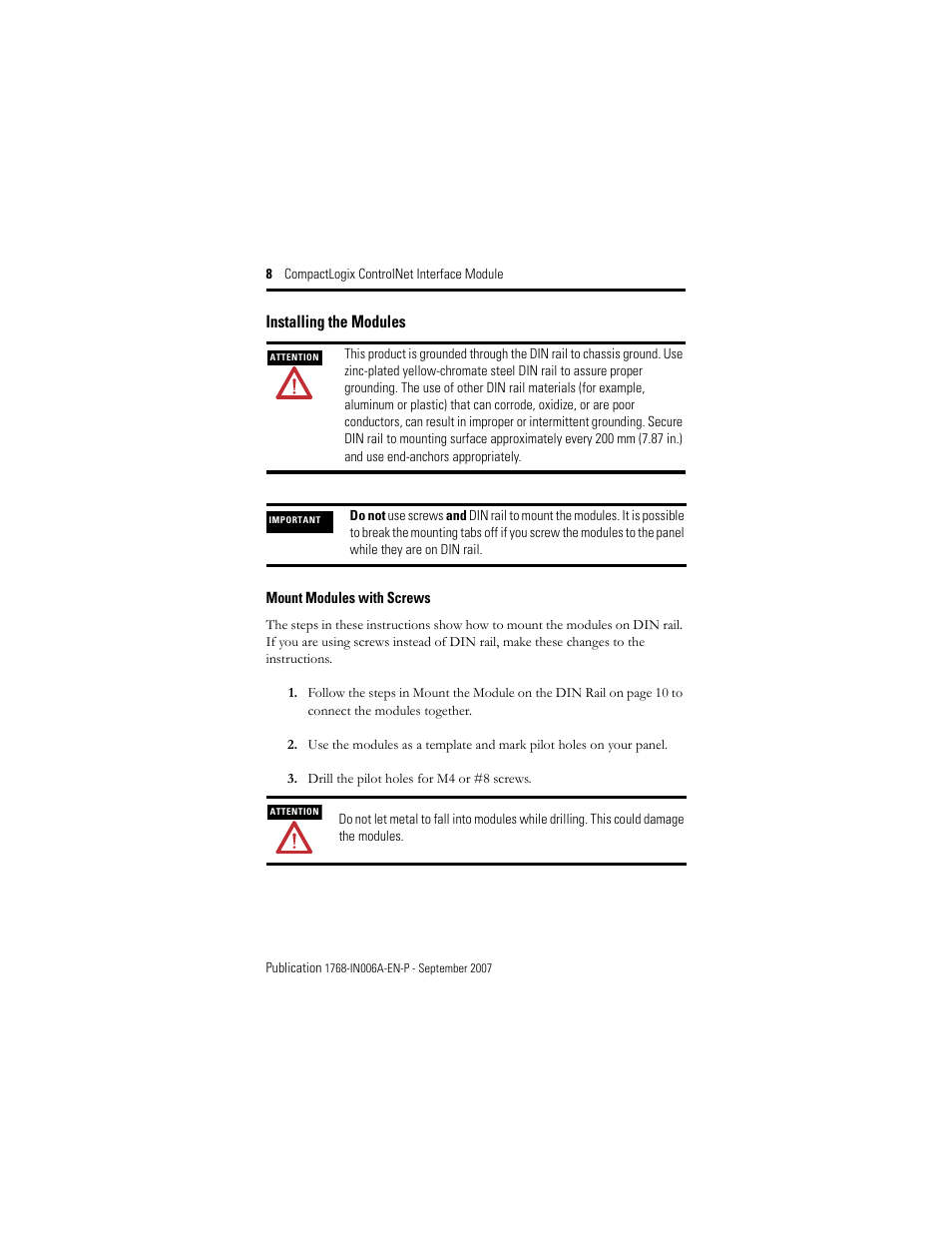 Installing the modules, Mount modules with screws | Rockwell Automation 1768-CNBR CompactLogix ControlNet Communication Module Installation Instructions User Manual | Page 8 / 36