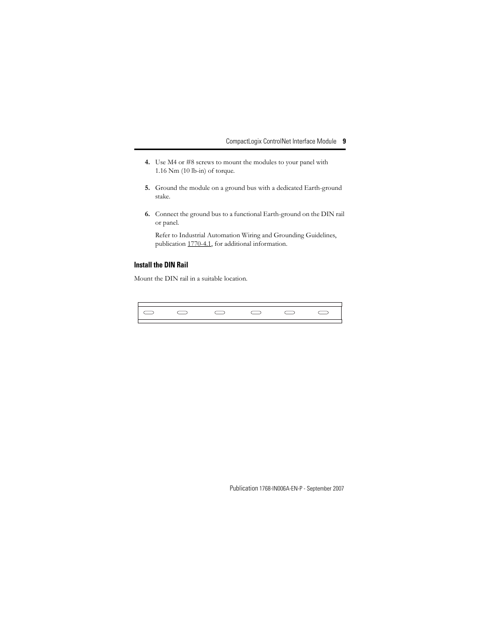 Install the din rail | Rockwell Automation 1768-CNBR CompactLogix ControlNet Communication Module Installation Instructions User Manual | Page 9 / 36
