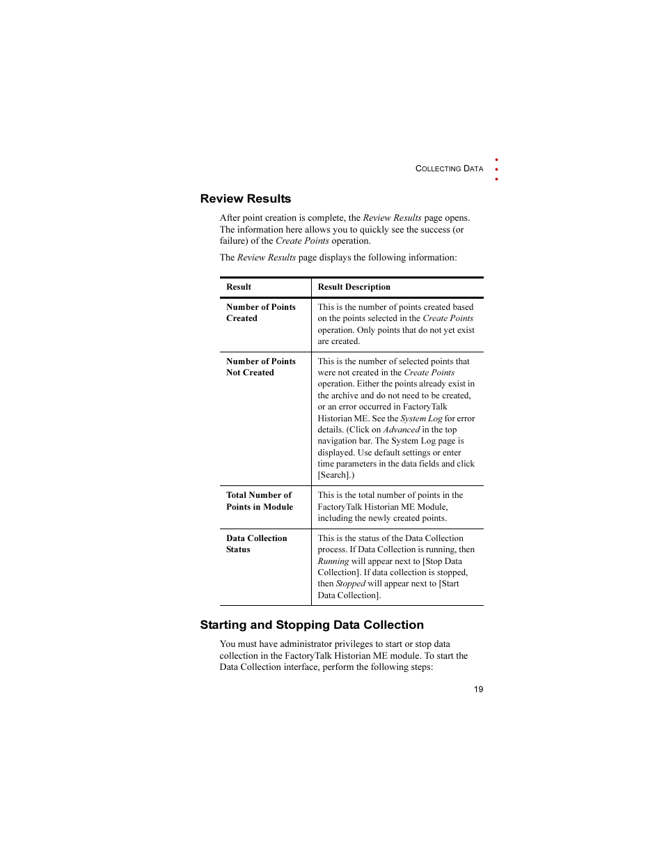Review results, Starting and stopping data collection | Rockwell Automation 1756-HIST2G FactoryTalk Historian ME 2.1 Quick Start Guide User Manual | Page 23 / 36