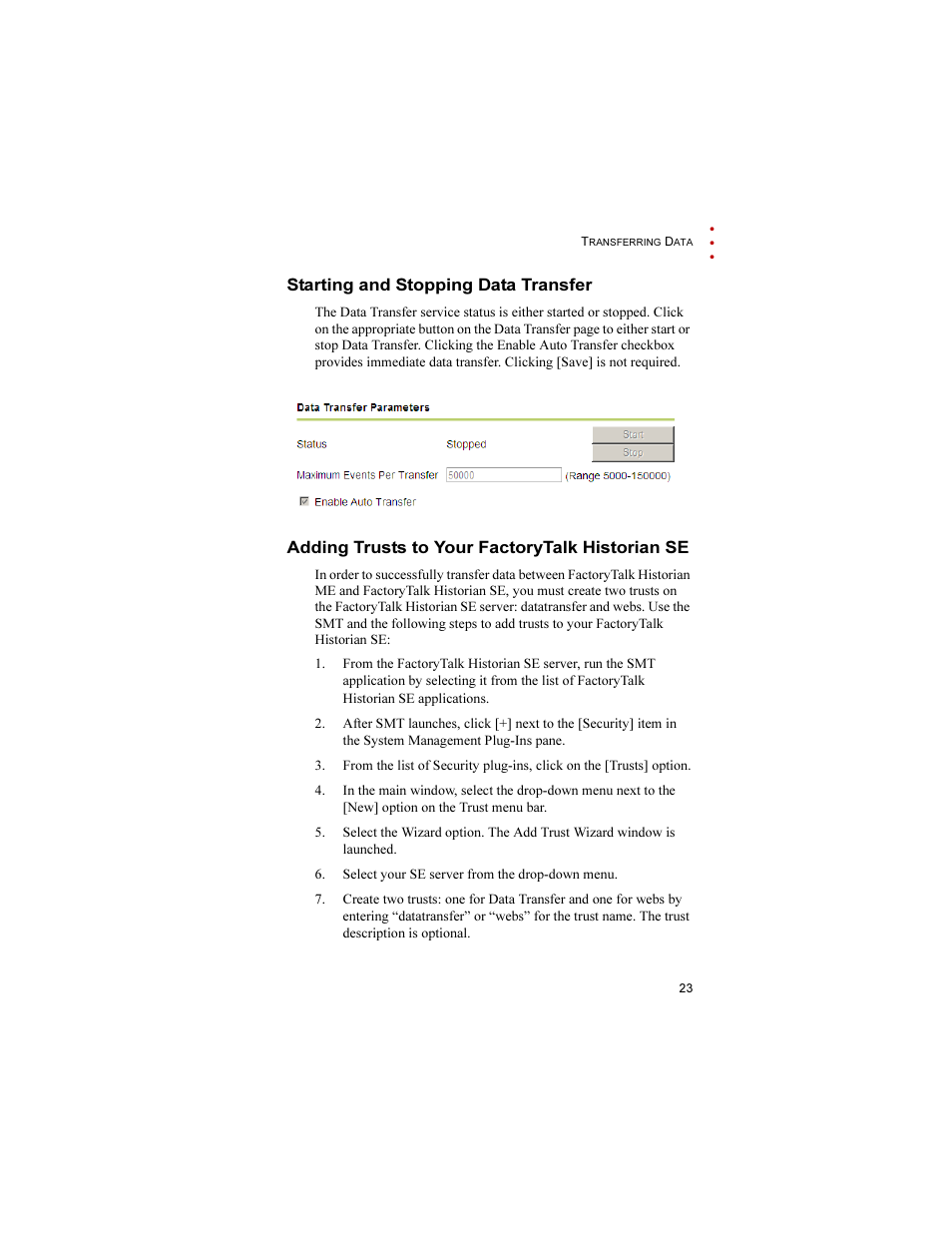 Starting and stopping data transfer, Adding trusts to your factorytalk historian se | Rockwell Automation 1756-HIST2G FactoryTalk Historian ME 2.1 Quick Start Guide User Manual | Page 27 / 36