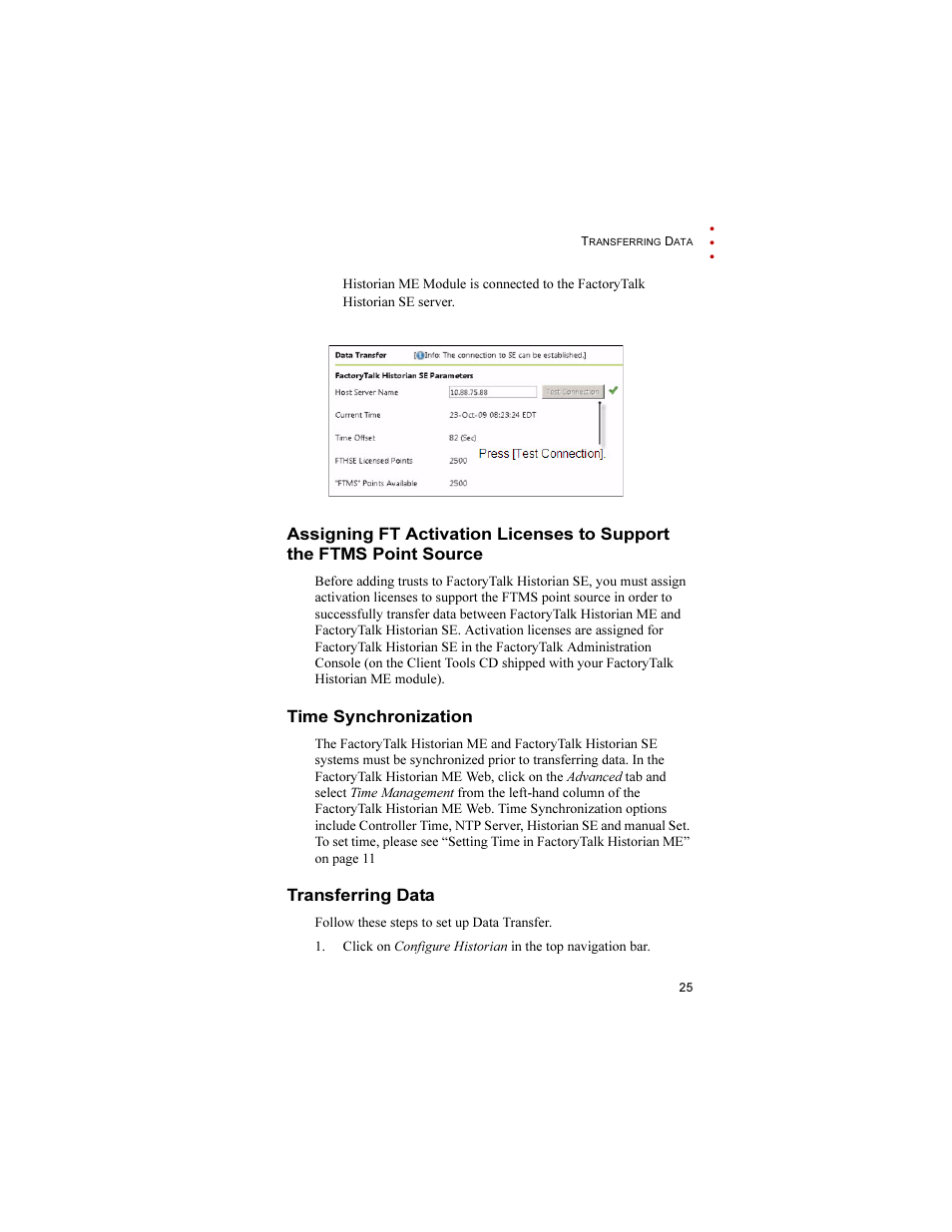 Time synchronization, Transferring data | Rockwell Automation 1756-HIST2G FactoryTalk Historian ME 2.1 Quick Start Guide User Manual | Page 29 / 36