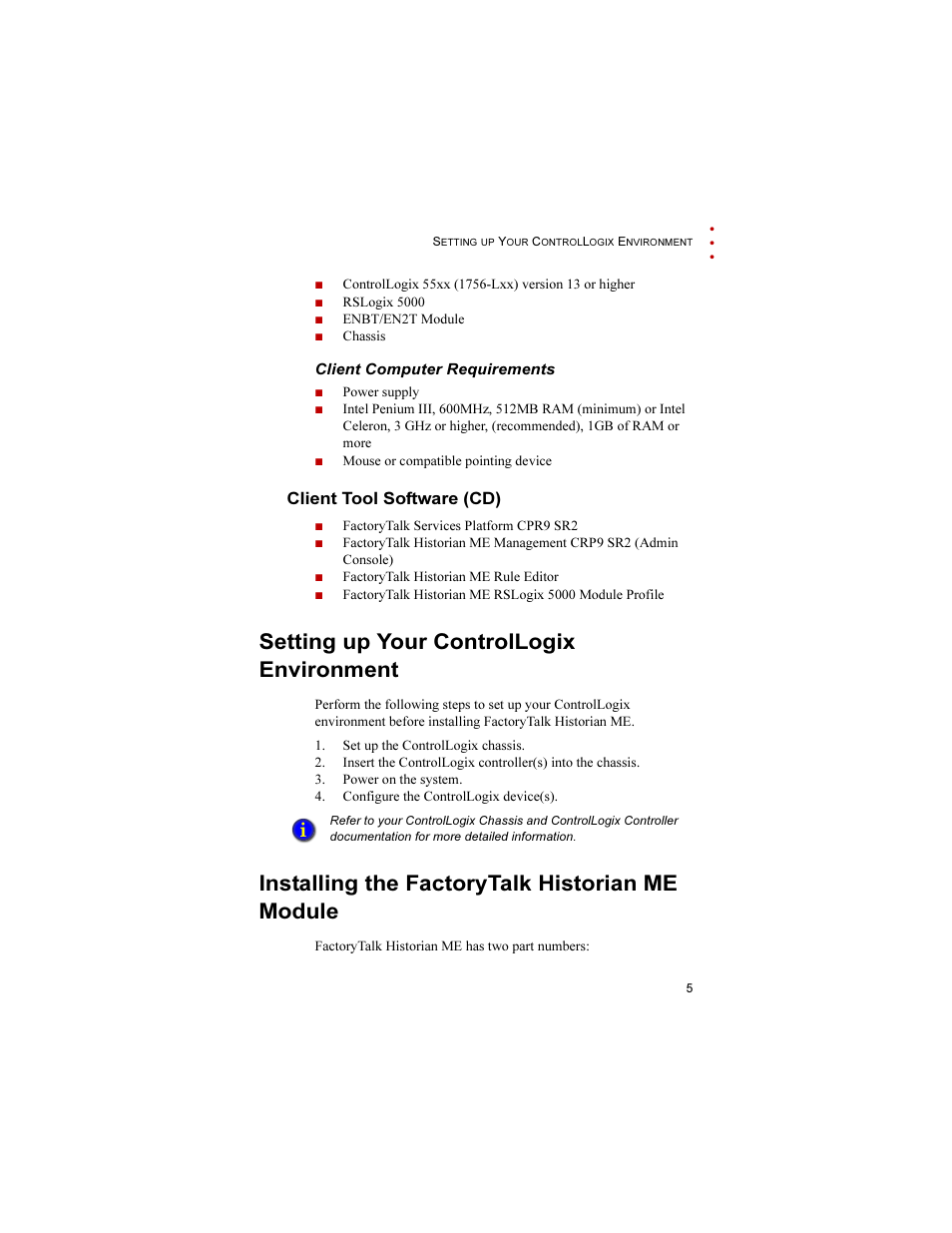 Client computer requirements, Client tool software (cd), Setting up your controllogix environment | Installing the factorytalk historian me module | Rockwell Automation 1756-HIST2G FactoryTalk Historian ME 2.1 Quick Start Guide User Manual | Page 9 / 36