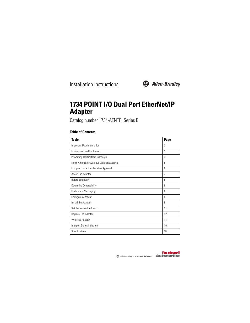 Rockwell Automation 1734-AENTR, Series B 1734 POINT I/O Dual Port EtherNet/IP Adapter Installation Instructions User Manual | 24 pages