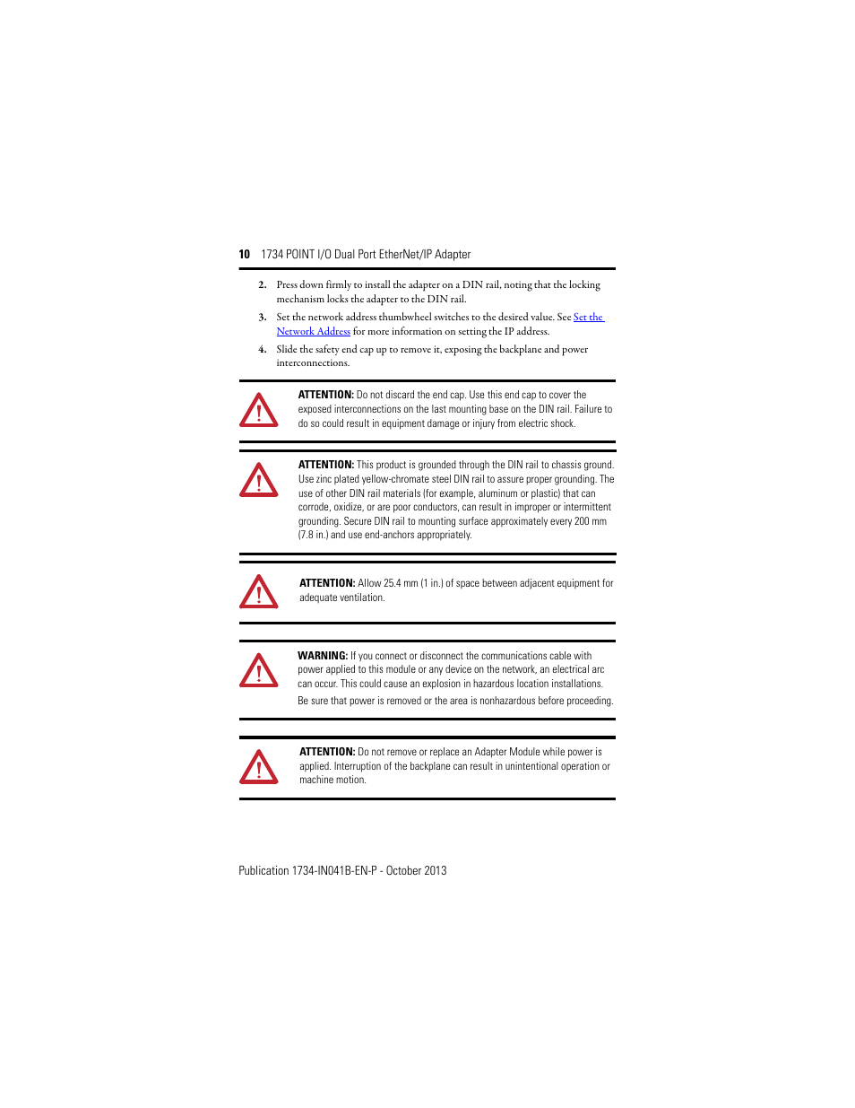 Rockwell Automation 1734-AENTR, Series B 1734 POINT I/O Dual Port EtherNet/IP Adapter Installation Instructions User Manual | Page 10 / 24