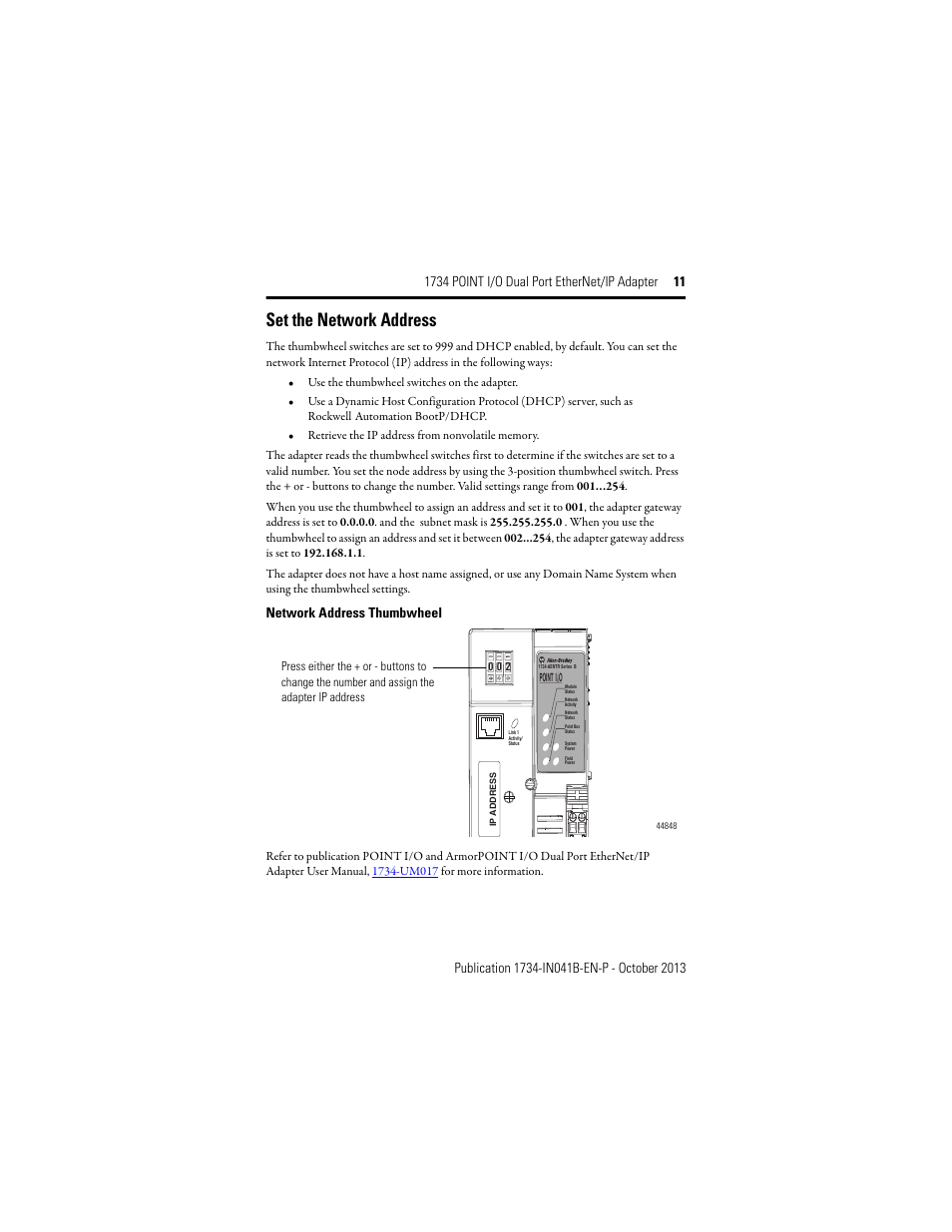 Set the network address, Network address thumbwheel | Rockwell Automation 1734-AENTR, Series B 1734 POINT I/O Dual Port EtherNet/IP Adapter Installation Instructions User Manual | Page 11 / 24