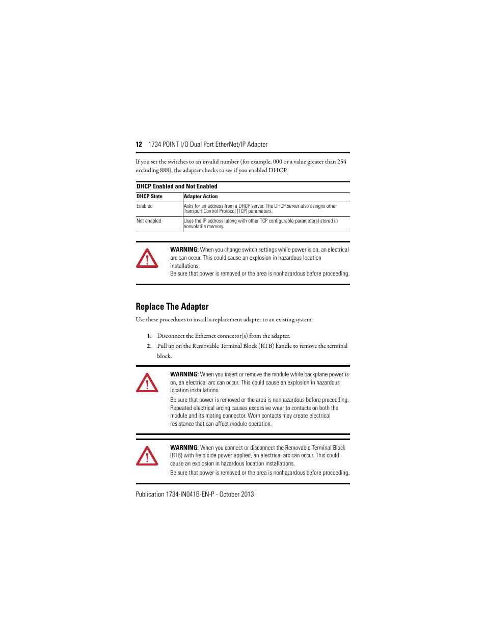 Replace the adapter | Rockwell Automation 1734-AENTR, Series B 1734 POINT I/O Dual Port EtherNet/IP Adapter Installation Instructions User Manual | Page 12 / 24