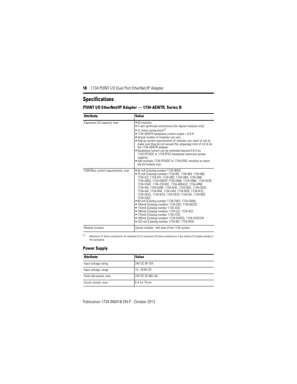 Specifications | Rockwell Automation 1734-AENTR, Series B 1734 POINT I/O Dual Port EtherNet/IP Adapter Installation Instructions User Manual | Page 18 / 24