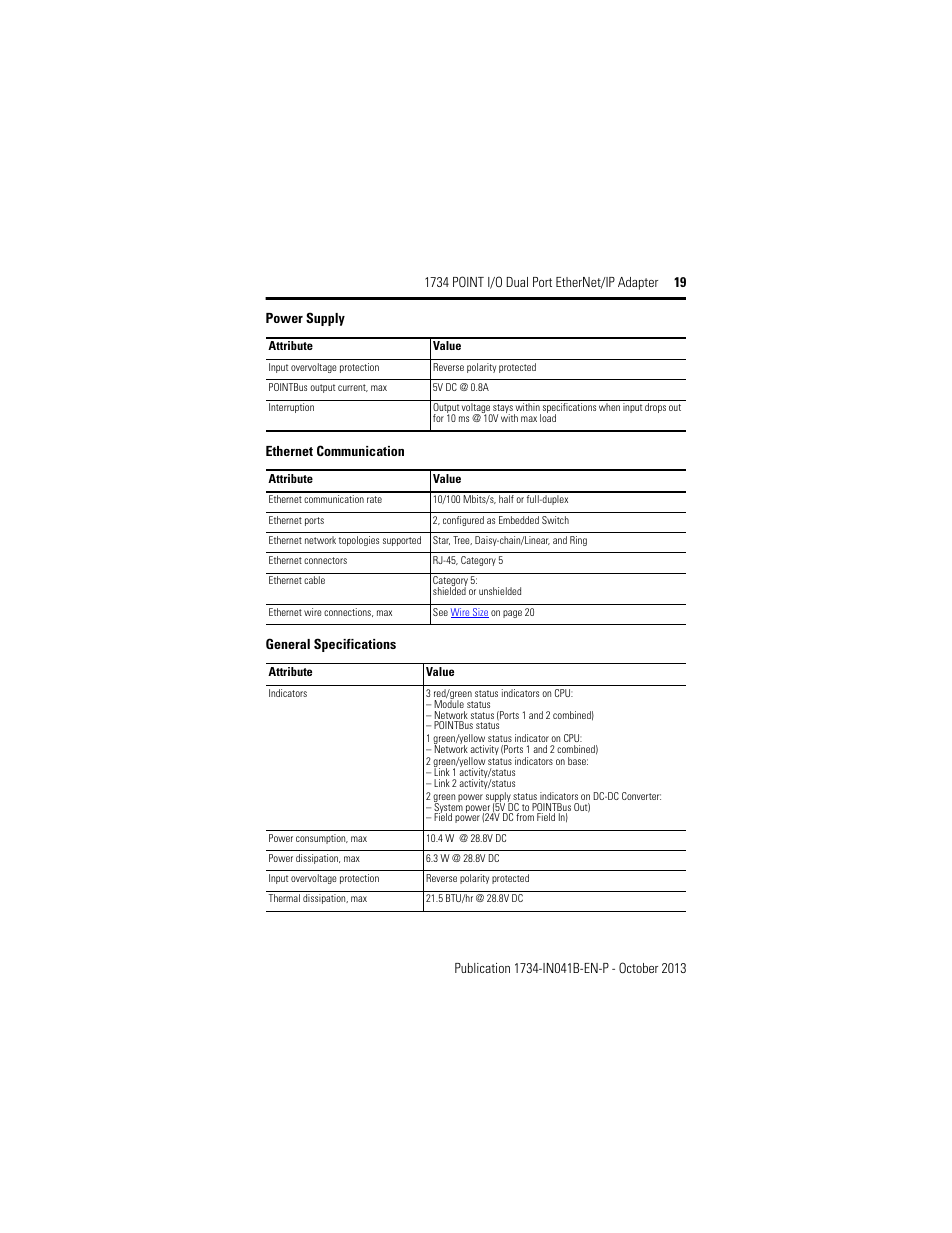 Ethernet communication, General specifications, Power supply | Rockwell Automation 1734-AENTR, Series B 1734 POINT I/O Dual Port EtherNet/IP Adapter Installation Instructions User Manual | Page 19 / 24