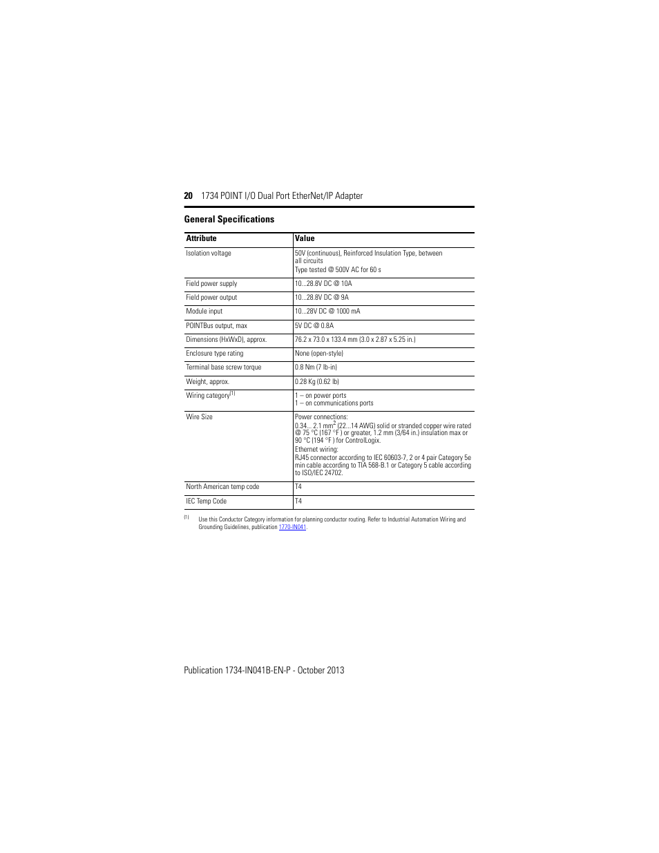 General specifications | Rockwell Automation 1734-AENTR, Series B 1734 POINT I/O Dual Port EtherNet/IP Adapter Installation Instructions User Manual | Page 20 / 24
