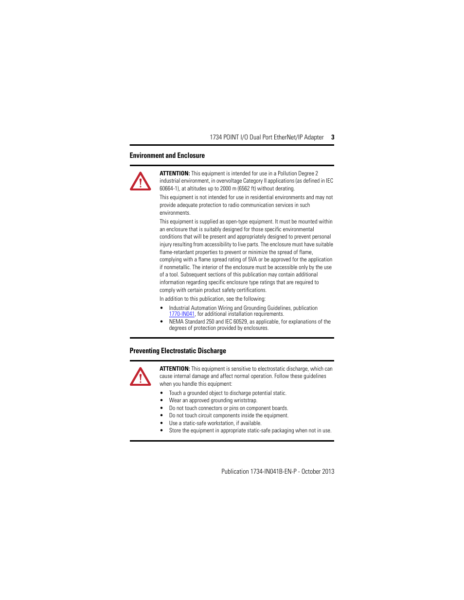 Environment and enclosure, Preventing electrostatic discharge | Rockwell Automation 1734-AENTR, Series B 1734 POINT I/O Dual Port EtherNet/IP Adapter Installation Instructions User Manual | Page 3 / 24