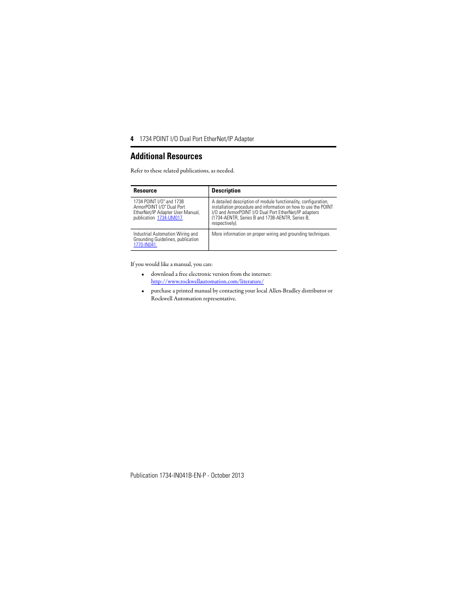 Additional resources | Rockwell Automation 1734-AENTR, Series B 1734 POINT I/O Dual Port EtherNet/IP Adapter Installation Instructions User Manual | Page 4 / 24