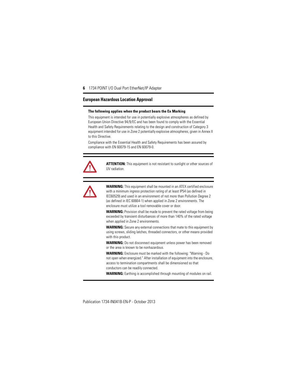 European hazardous location approval | Rockwell Automation 1734-AENTR, Series B 1734 POINT I/O Dual Port EtherNet/IP Adapter Installation Instructions User Manual | Page 6 / 24