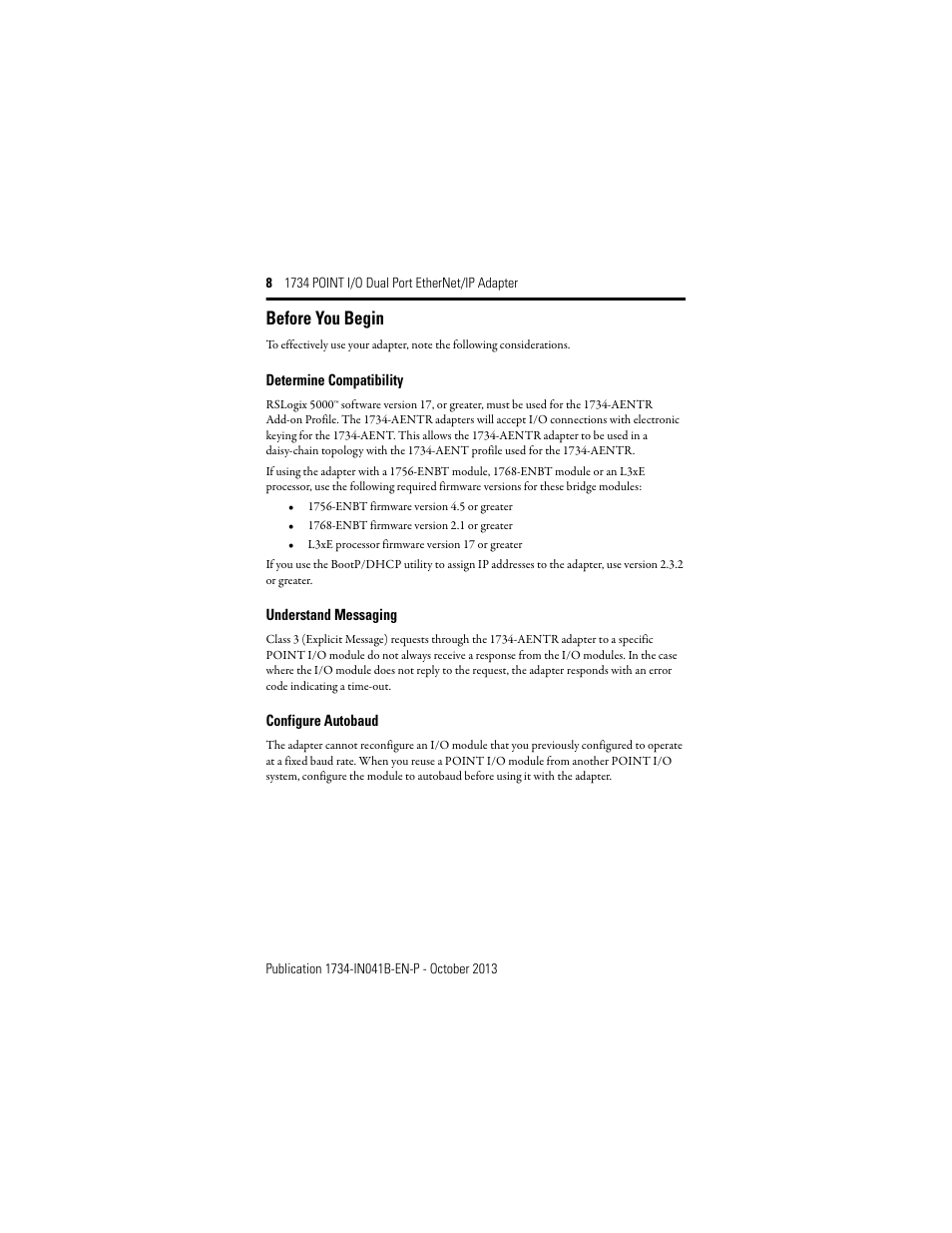 Before you begin, Determine compatibility, Understand messaging | Configure autobaud | Rockwell Automation 1734-AENTR, Series B 1734 POINT I/O Dual Port EtherNet/IP Adapter Installation Instructions User Manual | Page 8 / 24