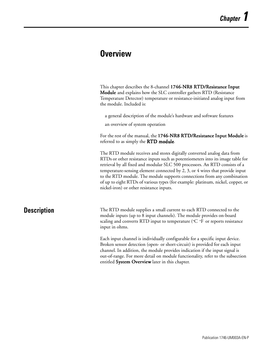 1 - overview, Description, Chapter 1 | Overview, Description -1, Chapter | Rockwell Automation 1746-NR8 SLC 500 RTD/Resistance Input Module User Manual User Manual | Page 11 / 118