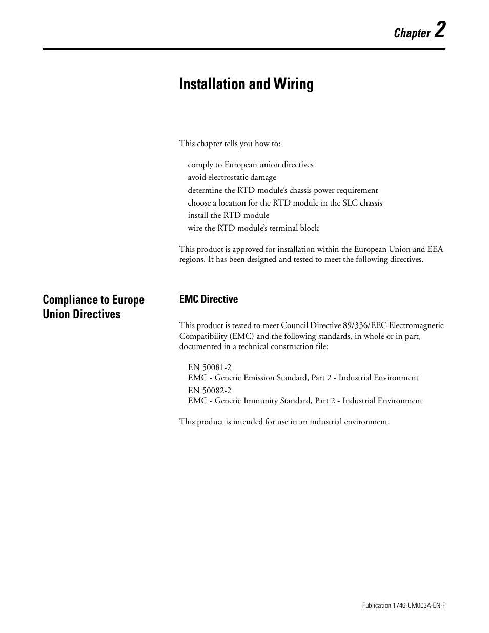 2 - installation and wiring, Compliance to europe union directives, Emc directive | Chapter 2, Installation and wiring, Compliance to europe union directives -1, Emc directive -1, Chapter | Rockwell Automation 1746-NR8 SLC 500 RTD/Resistance Input Module User Manual User Manual | Page 21 / 118