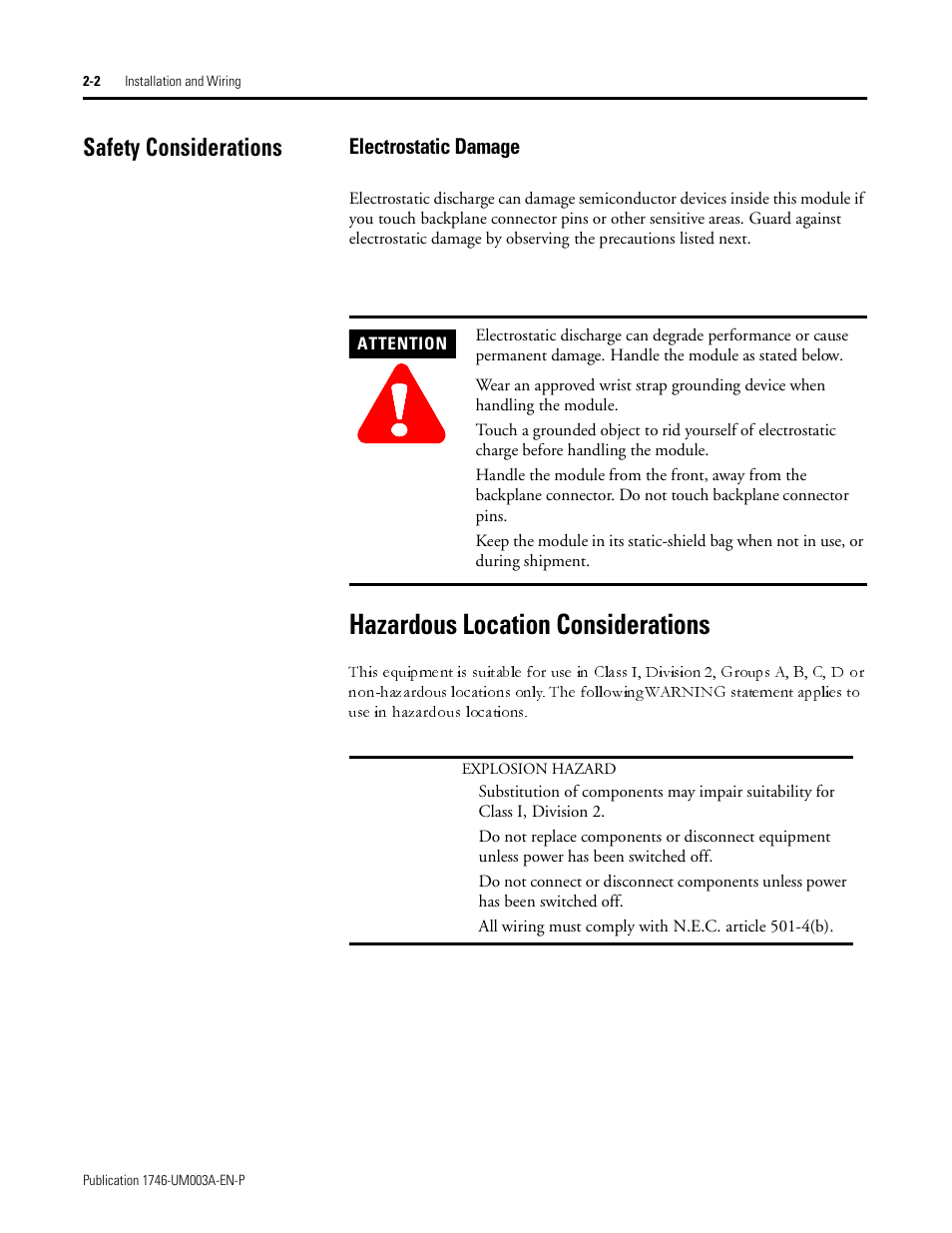 Safety considerations, Electrostatic damage, Hazardous location considerations | Safety considerations -2, Electrostatic damage -2, Hazardous location considerations -2 | Rockwell Automation 1746-NR8 SLC 500 RTD/Resistance Input Module User Manual User Manual | Page 22 / 118