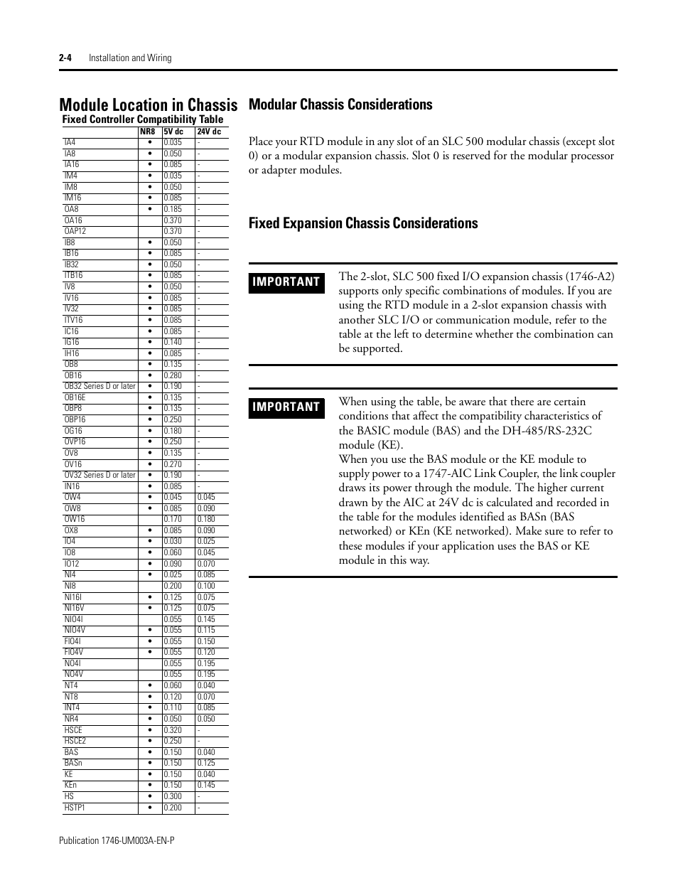 Module location in chassis, Modular chassis considerations, Fixed expansion chassis considerations | Module location in chassis -4 | Rockwell Automation 1746-NR8 SLC 500 RTD/Resistance Input Module User Manual User Manual | Page 24 / 118