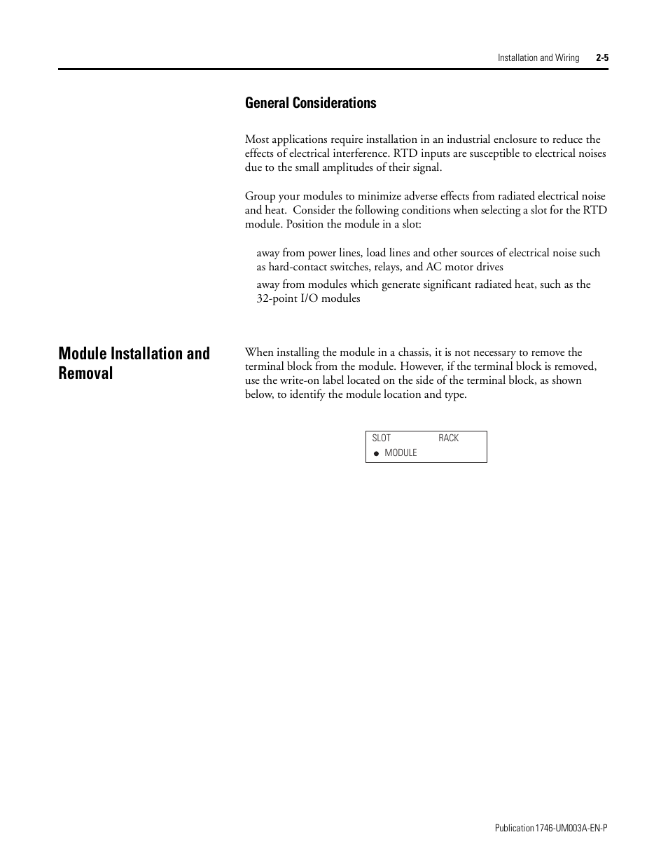 General considerations, Module installation and removal, General considerations -5 | Module installation and removal -5 | Rockwell Automation 1746-NR8 SLC 500 RTD/Resistance Input Module User Manual User Manual | Page 25 / 118