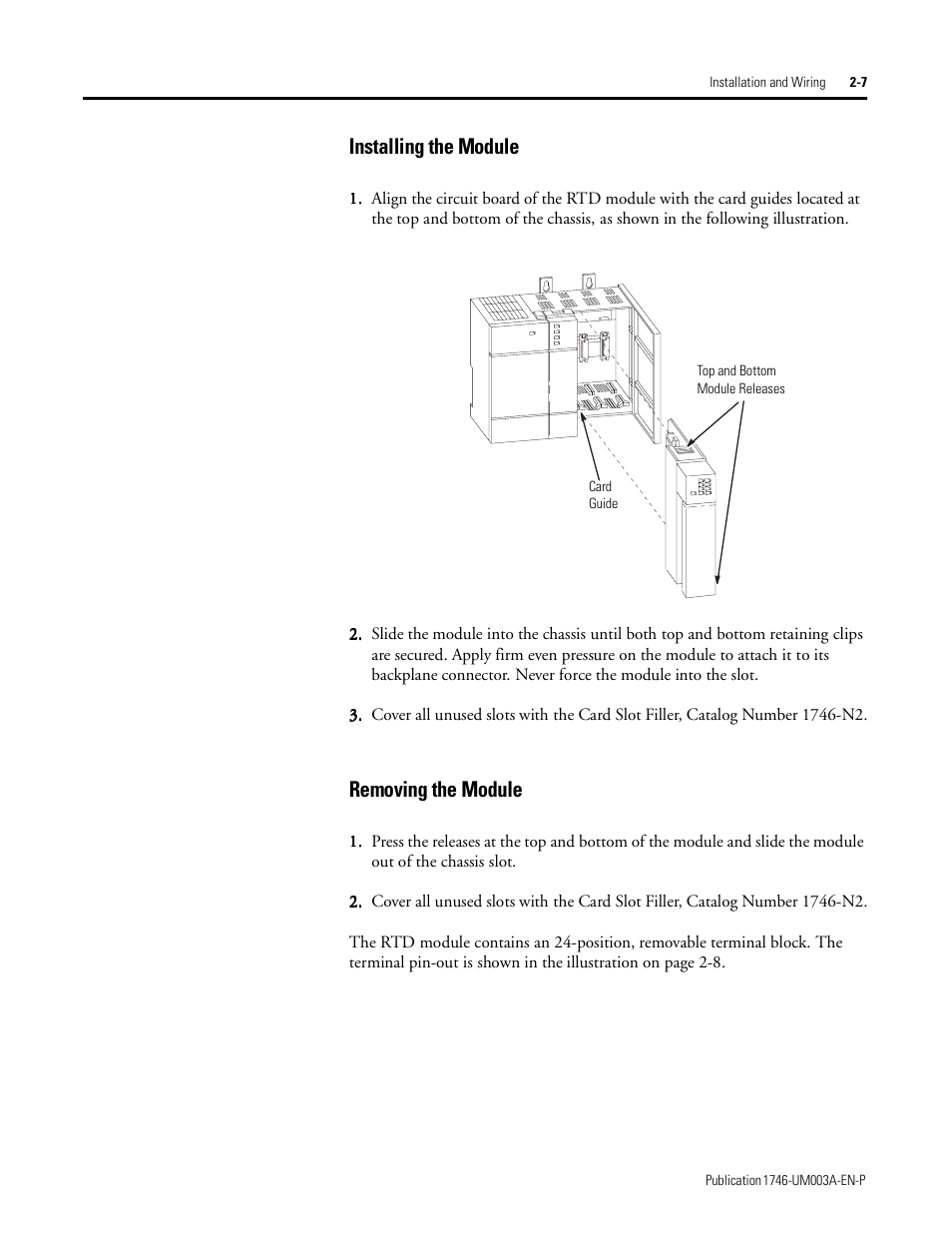 Installing the module, Removing the module, Installing the module -7 removing the module -7 | Rockwell Automation 1746-NR8 SLC 500 RTD/Resistance Input Module User Manual User Manual | Page 27 / 118