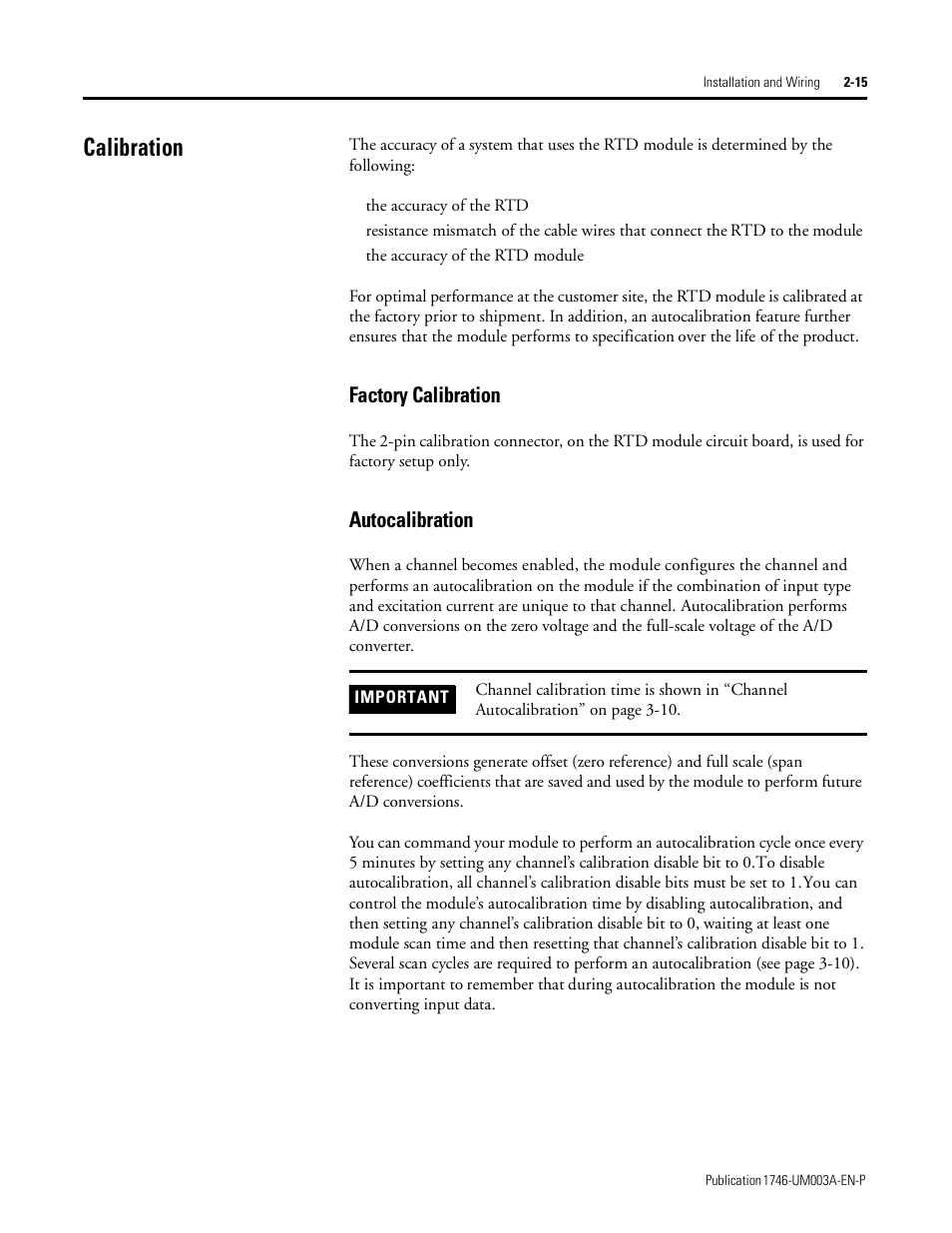 Calibration, Factory calibration, Autocalibration | Calibration -15, Factory calibration -15 autocalibration -15 | Rockwell Automation 1746-NR8 SLC 500 RTD/Resistance Input Module User Manual User Manual | Page 35 / 118