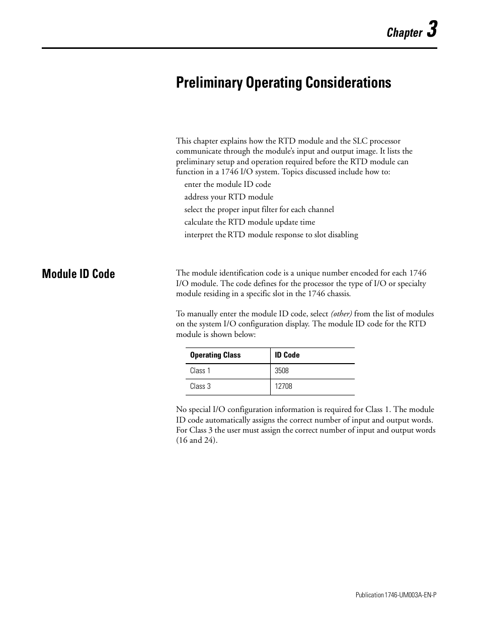 3 - preliminary operating considerations, Module id code, Chapter 3 | Preliminary operating considerations, Module id code -1, Chapter | Rockwell Automation 1746-NR8 SLC 500 RTD/Resistance Input Module User Manual User Manual | Page 37 / 118