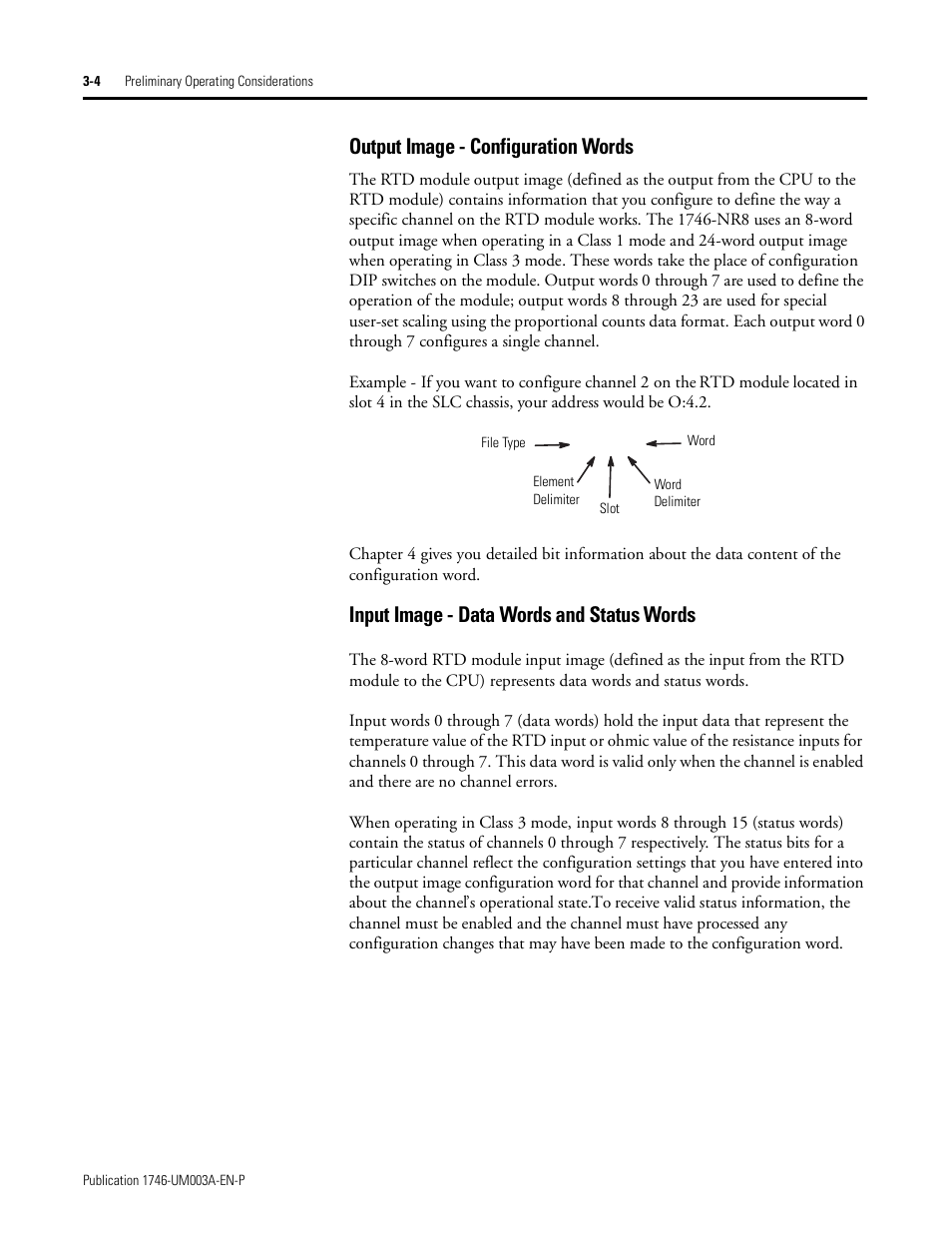 Output image - configuration words, Input image - data words and status words | Rockwell Automation 1746-NR8 SLC 500 RTD/Resistance Input Module User Manual User Manual | Page 40 / 118