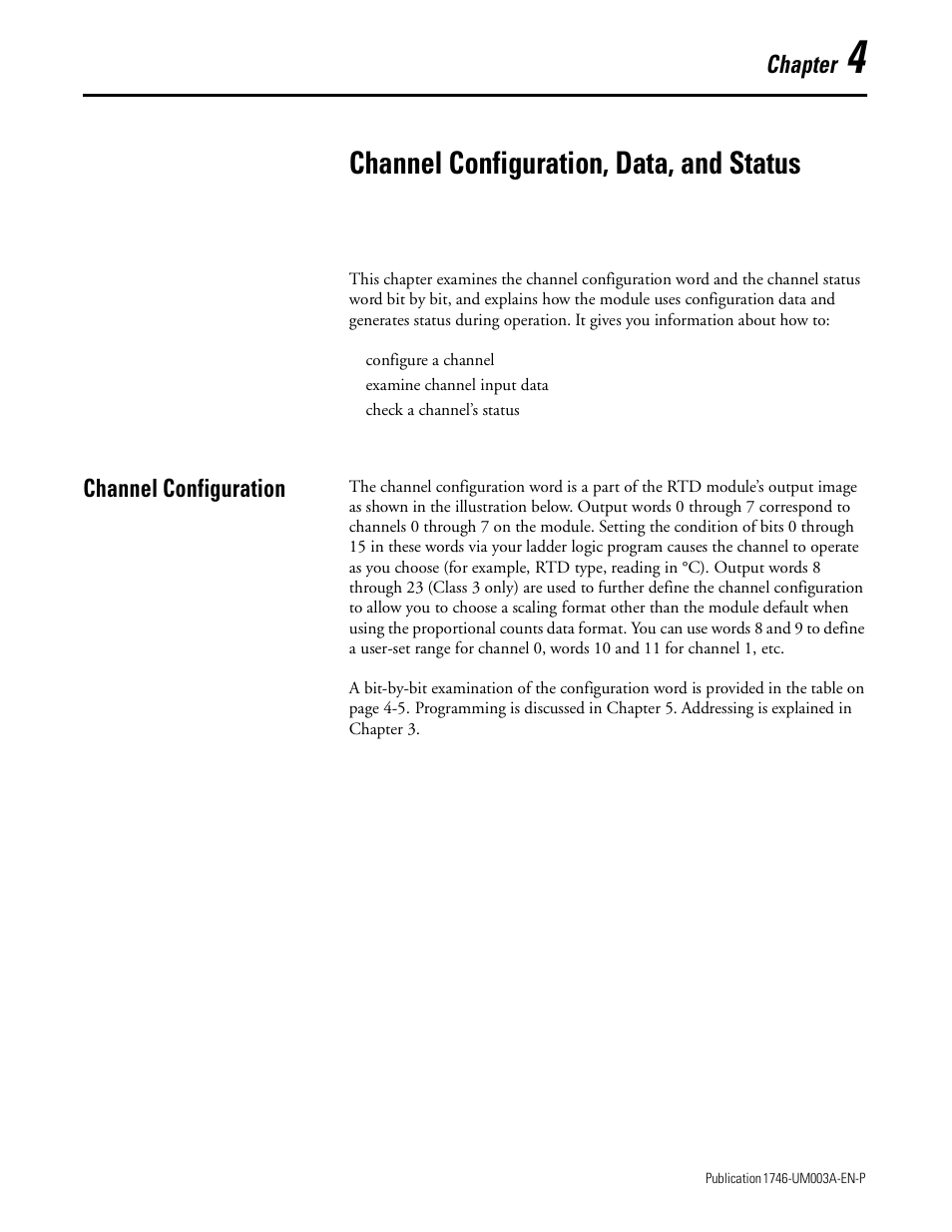 4 - channel configuration, data, and status, Channel configuration, Chapter 4 | Channel configuration, data, and status, Channel configuration -1, Chapter | Rockwell Automation 1746-NR8 SLC 500 RTD/Resistance Input Module User Manual User Manual | Page 49 / 118