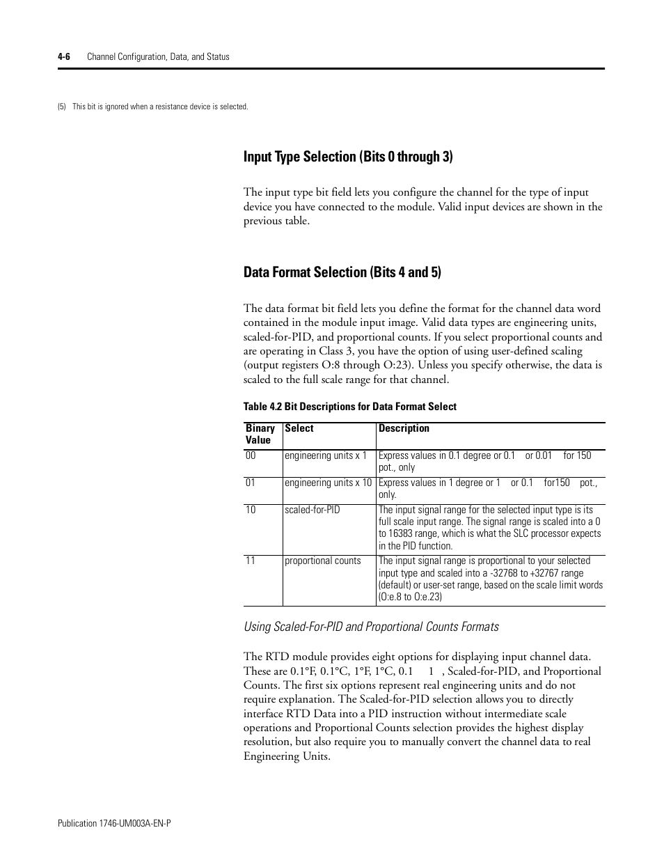 Input type selection (bits 0 through 3), Data format selection (bits 4 and 5) | Rockwell Automation 1746-NR8 SLC 500 RTD/Resistance Input Module User Manual User Manual | Page 54 / 118