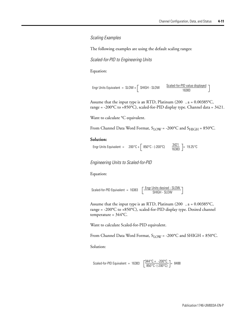 Scaling examples, Scaled-for-pid to engineering units, Engineering units to scaled-for-pid | Rockwell Automation 1746-NR8 SLC 500 RTD/Resistance Input Module User Manual User Manual | Page 59 / 118