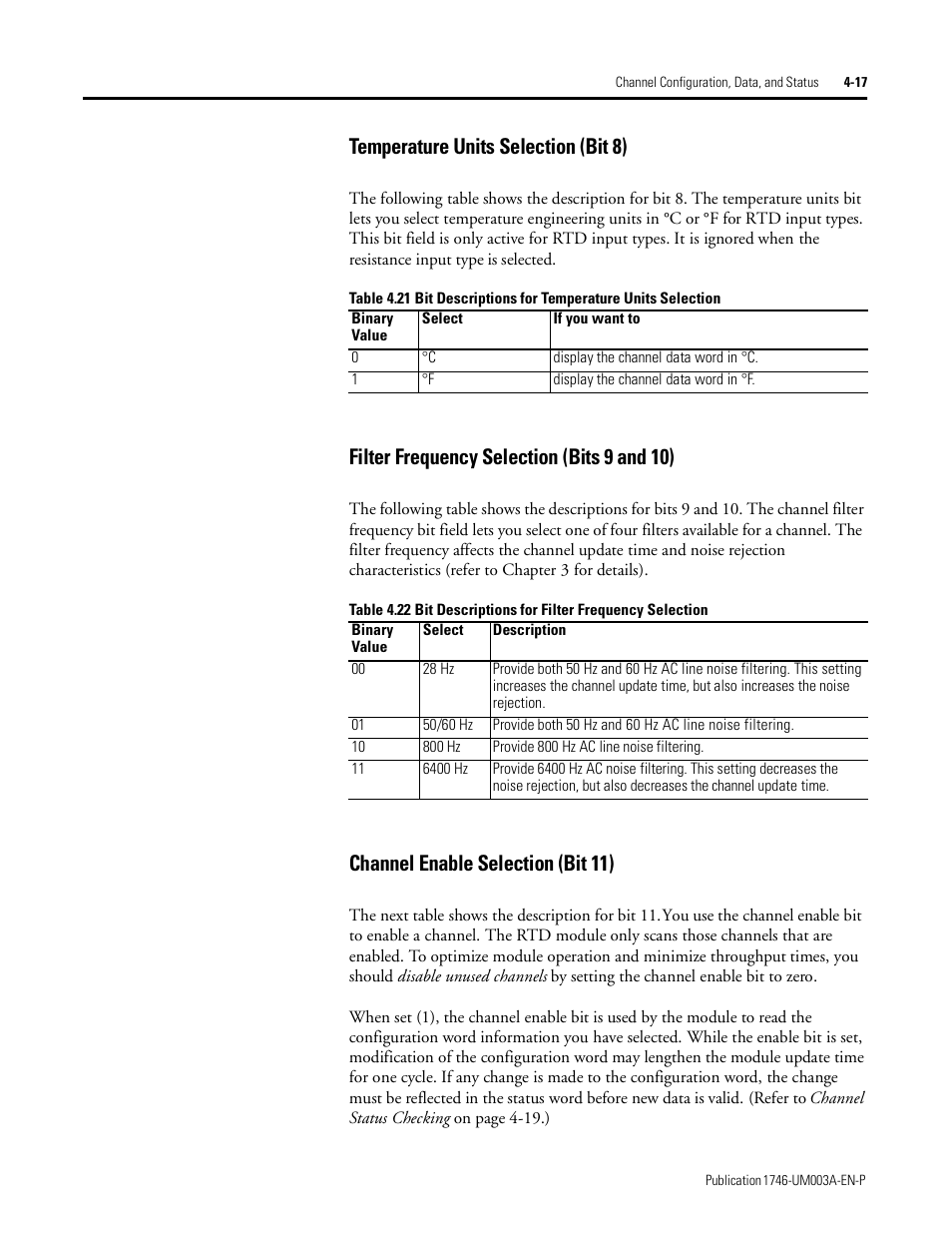 Temperature units selection (bit 8), Filter frequency selection (bits 9 and 10), Channel enable selection (bit 11) | Rockwell Automation 1746-NR8 SLC 500 RTD/Resistance Input Module User Manual User Manual | Page 65 / 118