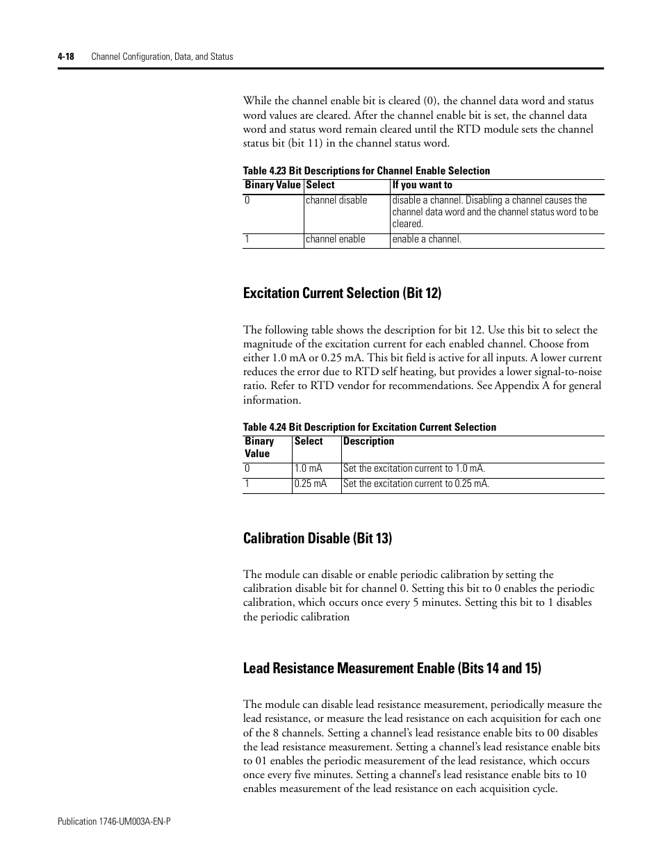 Excitation current selection (bit 12), Calibration disable (bit 13) | Rockwell Automation 1746-NR8 SLC 500 RTD/Resistance Input Module User Manual User Manual | Page 66 / 118