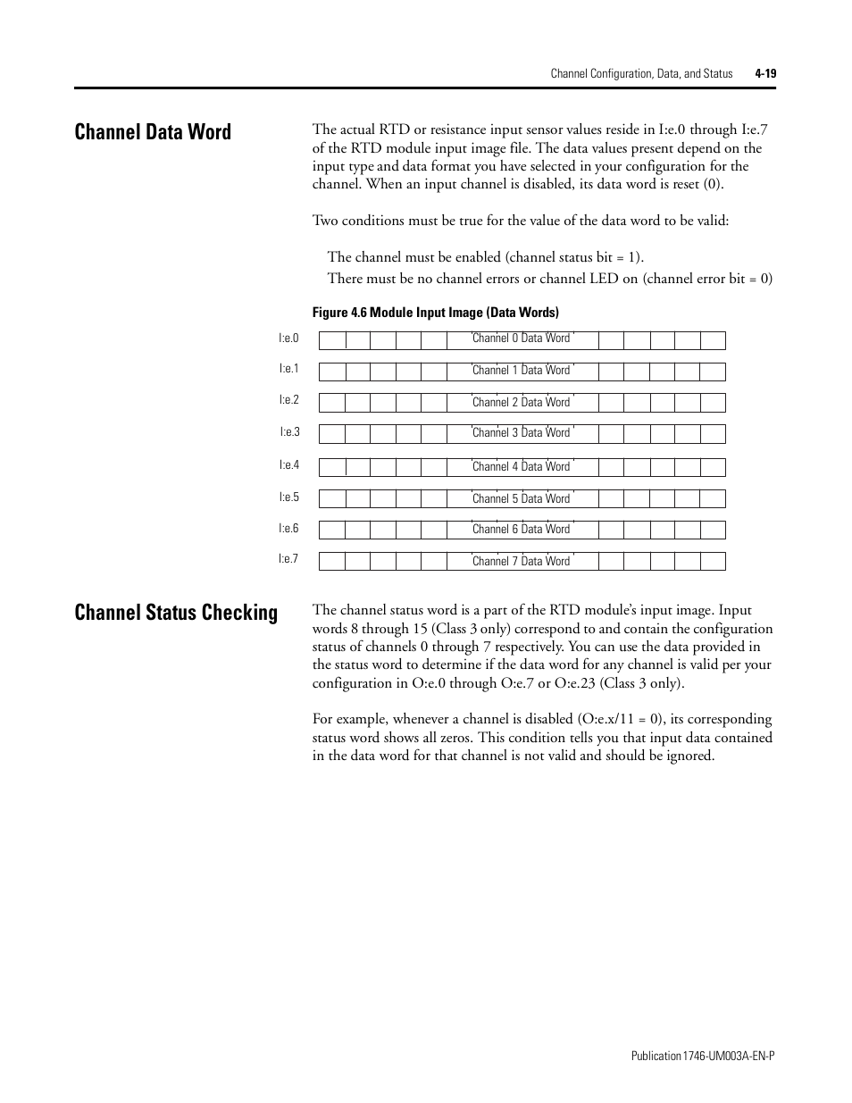 Channel data word, Channel status checking, Channel data word -19 channel status checking -19 | Rockwell Automation 1746-NR8 SLC 500 RTD/Resistance Input Module User Manual User Manual | Page 67 / 118