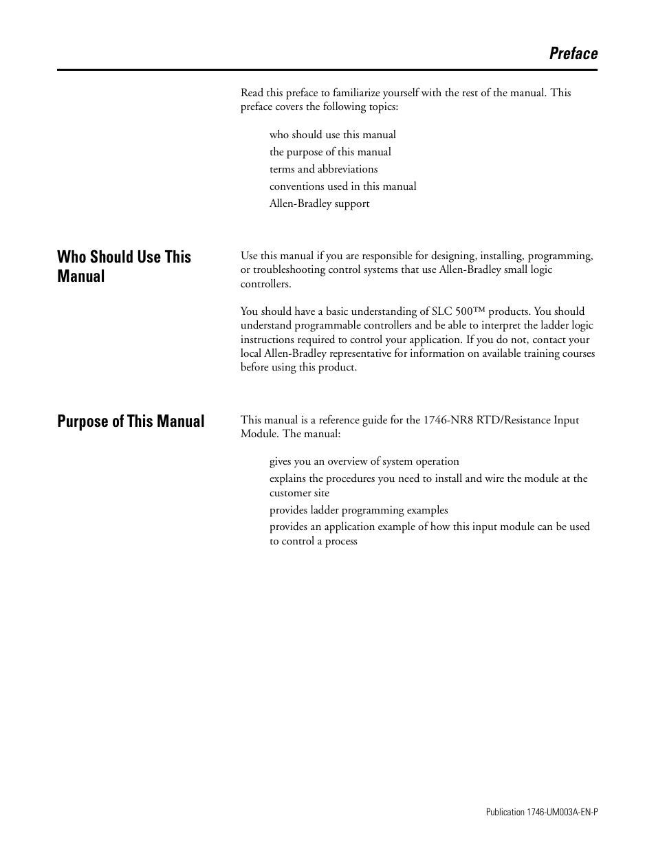 Preface, Who should use this manual, Purpose of this manual | Rockwell Automation 1746-NR8 SLC 500 RTD/Resistance Input Module User Manual User Manual | Page 7 / 118