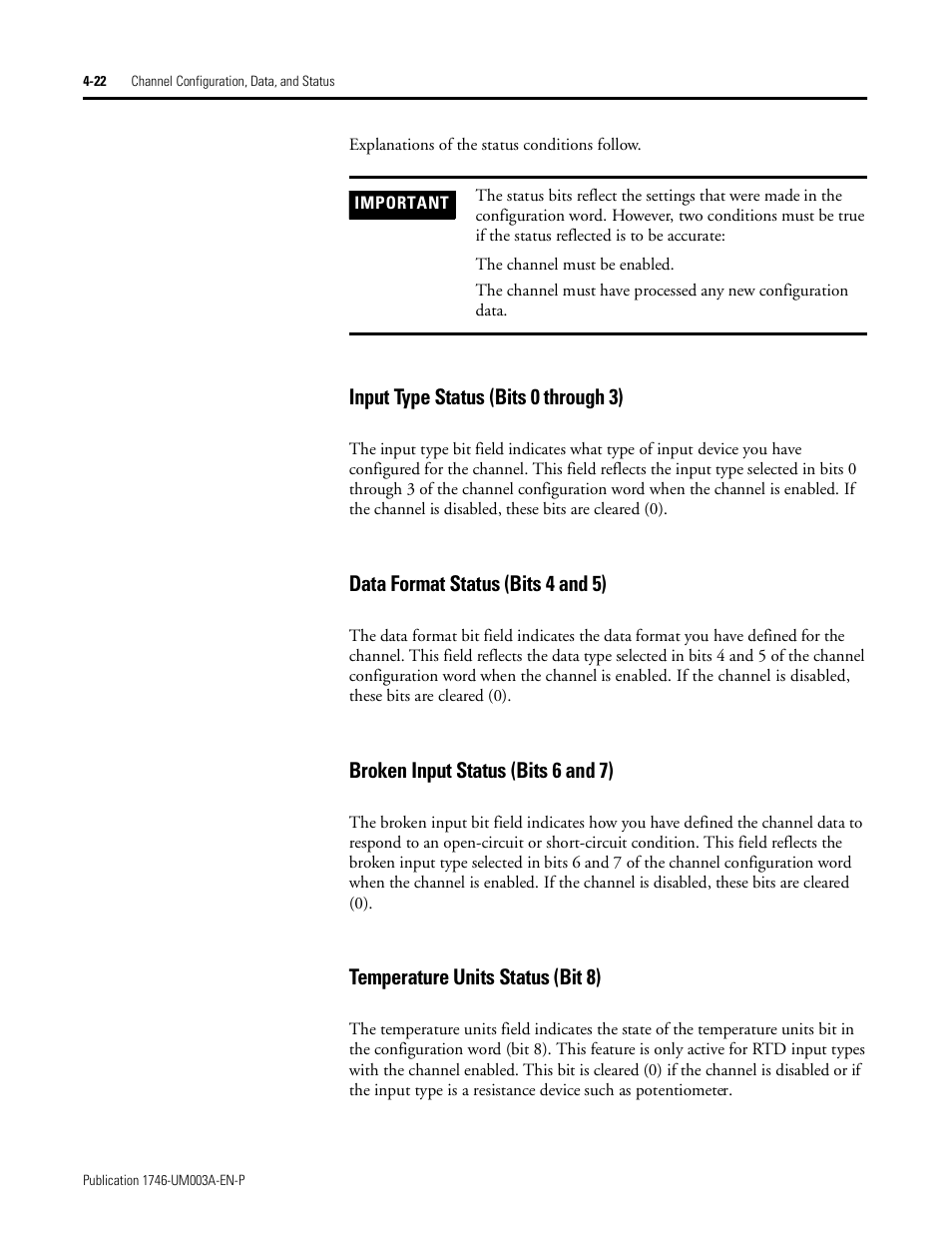 Input type status (bits 0 through 3), Data format status (bits 4 and 5), Broken input status (bits 6 and 7) | Temperature units status (bit 8) | Rockwell Automation 1746-NR8 SLC 500 RTD/Resistance Input Module User Manual User Manual | Page 70 / 118