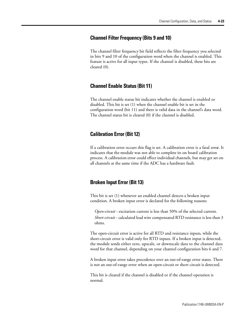 Channel filter frequency (bits 9 and 10), Channel enable status (bit 11), Calibration error (bit 12) | Broken input error (bit 13) | Rockwell Automation 1746-NR8 SLC 500 RTD/Resistance Input Module User Manual User Manual | Page 71 / 118