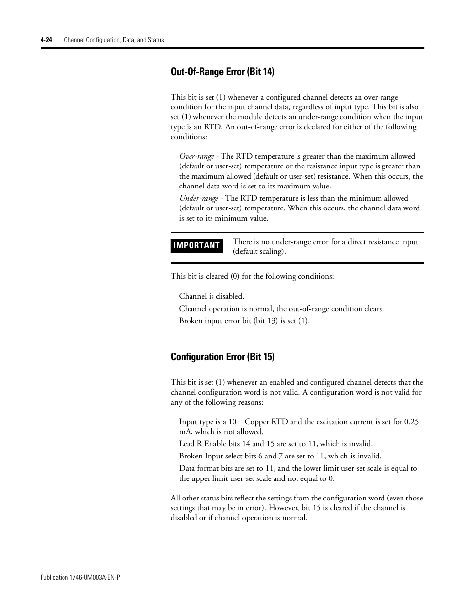 Out-of-range error (bit 14), Configuration error (bit 15) | Rockwell Automation 1746-NR8 SLC 500 RTD/Resistance Input Module User Manual User Manual | Page 72 / 118