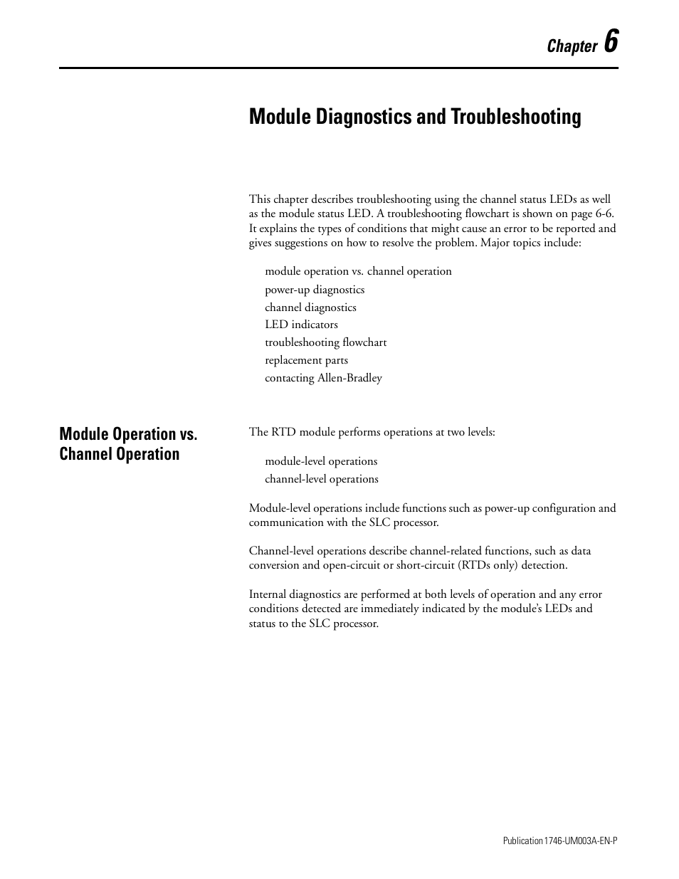 6 - module diagnostics and troubleshooting, Module operation vs. channel operation, Chapter 6 | Module diagnostics and troubleshooting, Module operation vs. channel operation -1, Chapter | Rockwell Automation 1746-NR8 SLC 500 RTD/Resistance Input Module User Manual User Manual | Page 85 / 118