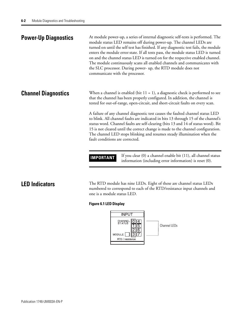 Power-up diagnostics, Channel diagnostics, Led indicators | Rockwell Automation 1746-NR8 SLC 500 RTD/Resistance Input Module User Manual User Manual | Page 86 / 118