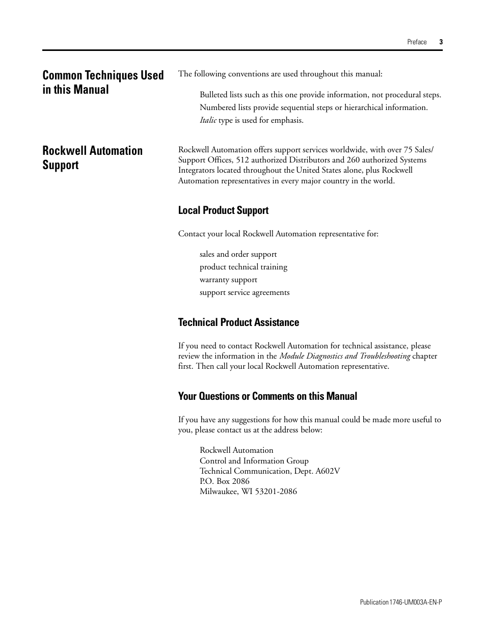 Common techniques used in this manual, Rockwell automation support, Local product support | Technical product assistance, Your questions or comments on this manual | Rockwell Automation 1746-NR8 SLC 500 RTD/Resistance Input Module User Manual User Manual | Page 9 / 118