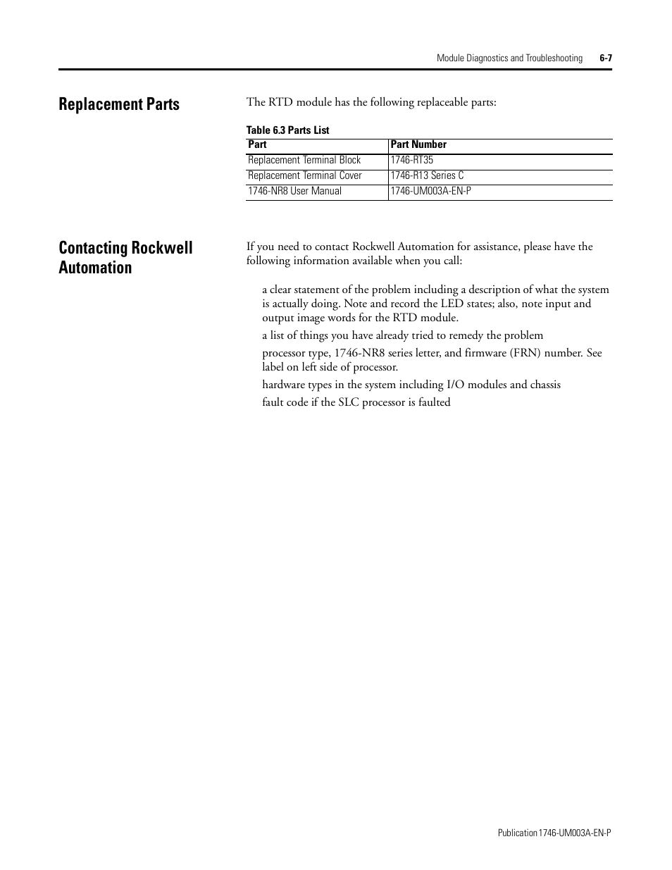 Replacement parts, Contacting rockwell automation | Rockwell Automation 1746-NR8 SLC 500 RTD/Resistance Input Module User Manual User Manual | Page 91 / 118