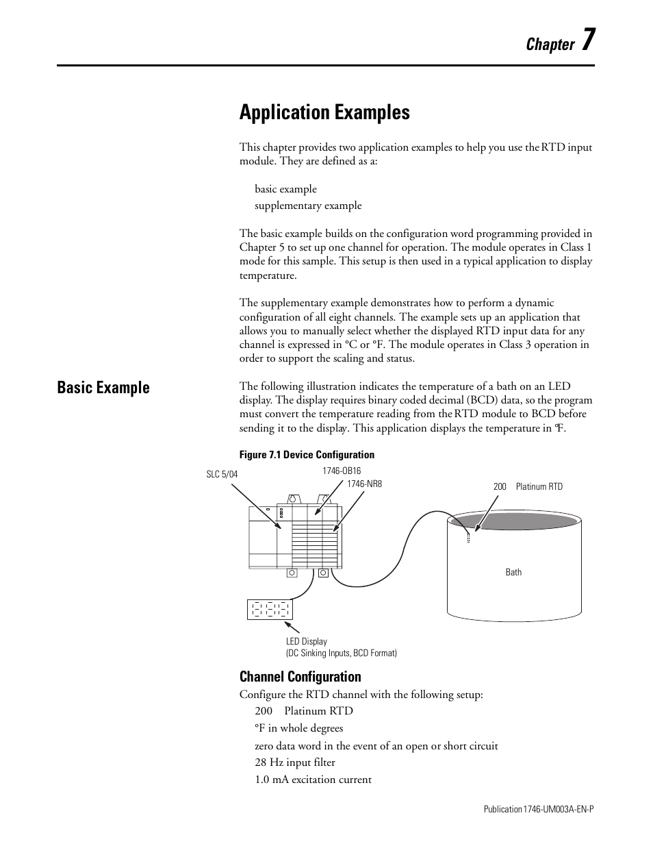 7 - application examples, Basic example, Channel configuration | Chapter 7, Application examples, Basic example -1, Channel configuration -1, Chapter | Rockwell Automation 1746-NR8 SLC 500 RTD/Resistance Input Module User Manual User Manual | Page 93 / 118