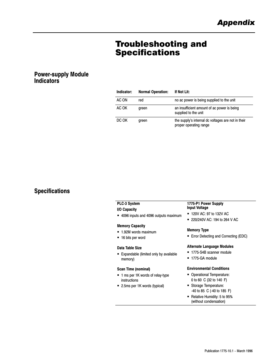 Appendix - troubleshooting and specifications, Troubleshooting and specifications, Appendix | Powerćsupply module indicators specifications | Rockwell Automation 1775-SRx PLC-3 FAMILY PROG CONTRL User Manual | Page 18 / 20