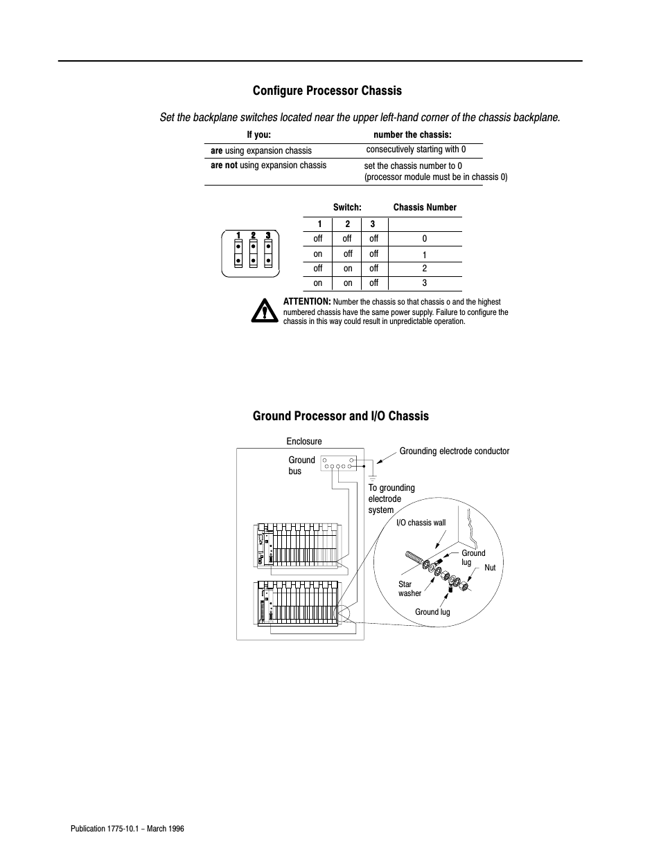 Configure processor chassis, Ground processor and i/o chassis | Rockwell Automation 1775-SRx PLC-3 FAMILY PROG CONTRL User Manual | Page 8 / 20