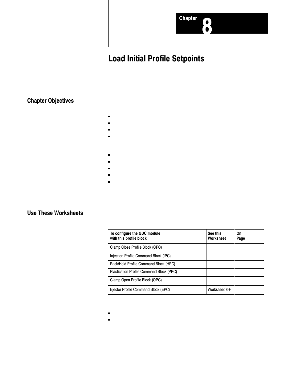 Chapter 8 - load initial profile values, Chapter objectives, Use these worksheets | Load initial profile setpoints | Rockwell Automation 1771-QDC, D17716.5.93(Passport) PLASTIC MOLDING MODULE User Manual | Page 118 / 306