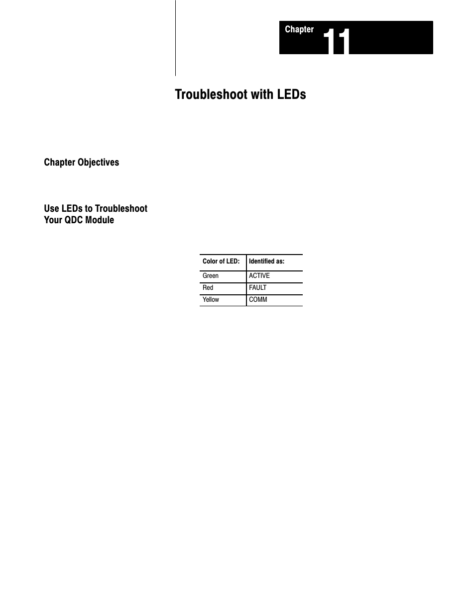 Chapter 11 - troubleshoot with leds, Chapter objectives, Use leds to troubleshoot your qdc module | 11ć1, Troubleshoot with leds | Rockwell Automation 1771-QDC, D17716.5.93(Passport) PLASTIC MOLDING MODULE User Manual | Page 264 / 306